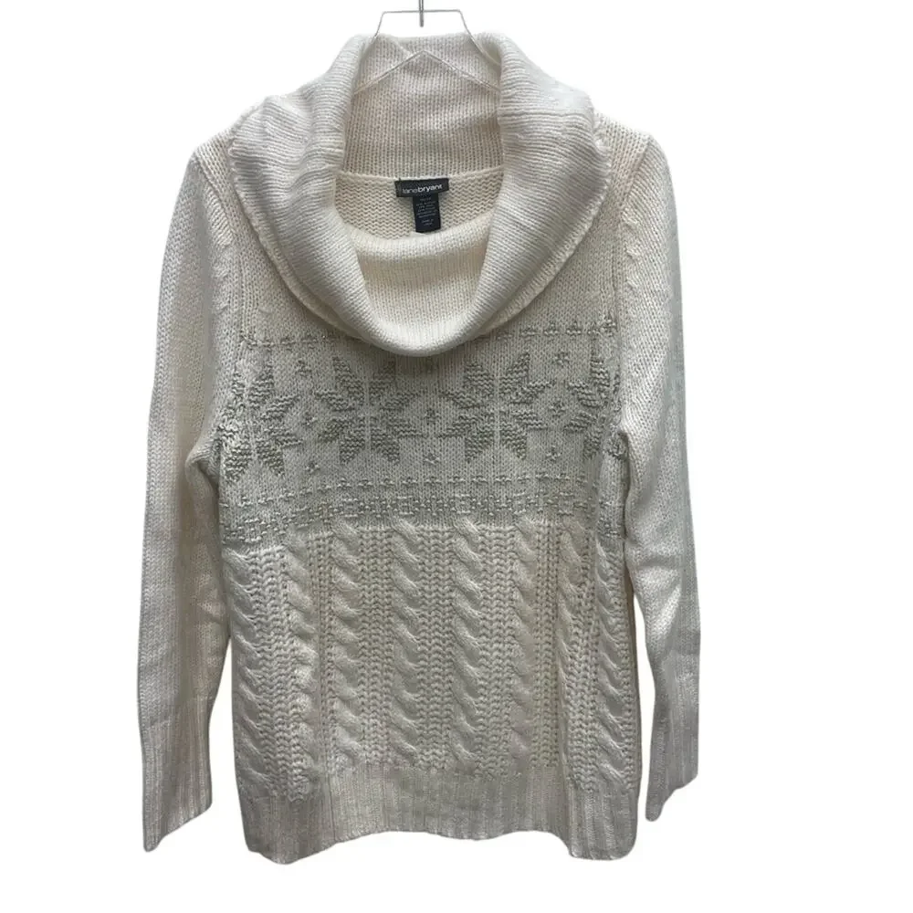 Lane Bryant Wool Blend Cowl Neck Cable Knit Sweater Metallic Snowflakes 18/20